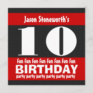10th Birthday Party Black Red White W01A Invitation