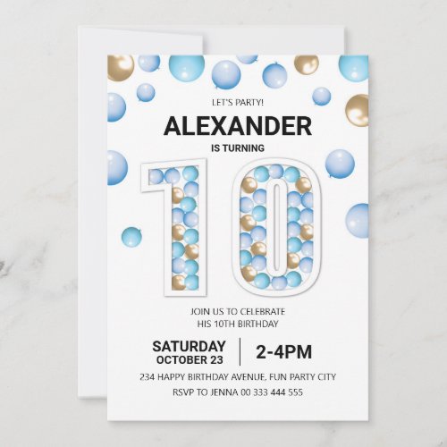10th Birthday Party Blue and Gold Balloon Boy Invitation
