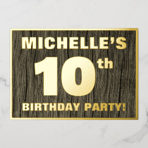 10th Birthday Party: Bold, Faux Wood Grain Pattern Foil Invitation