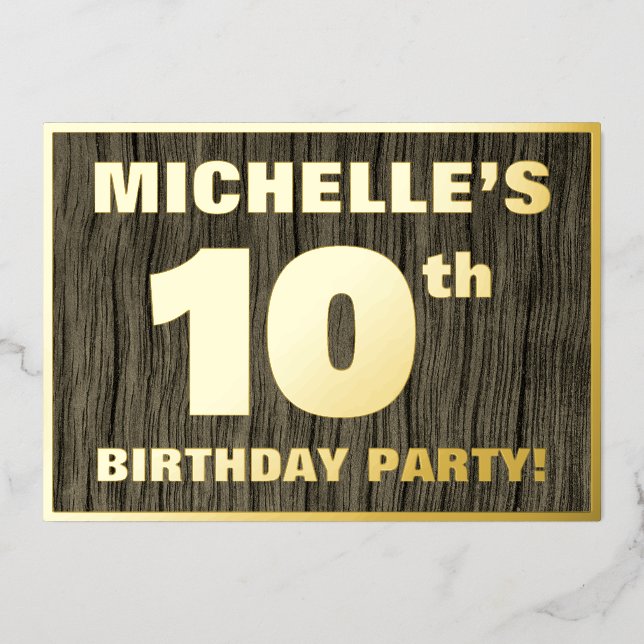 10th Birthday Party: Bold, Faux Wood Grain Pattern Foil Invitation (Front)