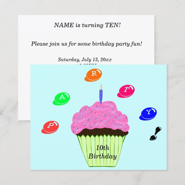 10th Birthday Party Candy Bits Cupcake Invitation (Front/Back)