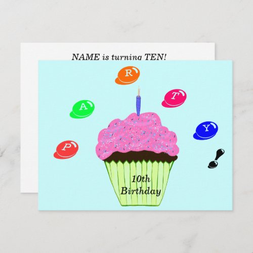 10th Birthday Party Candy Bits Cupcake Invitation
