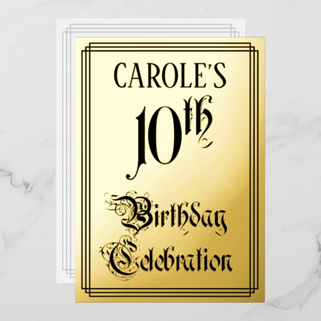 10th Birthday Party — Elegant Script + Custom Name Foil Invitation (Front/Back)