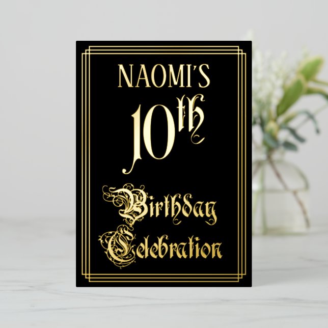 10th Birthday Party — Fancy Script & Custom Name Foil Invitation (Standing Front)