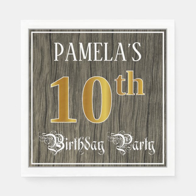 10th Birthday Party — Faux Gold & Faux Wood Looks Napkins (Front)