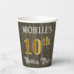 [ Thumbnail: 10th Birthday Party — Faux Gold & Faux Wood Looks Paper Cups ]