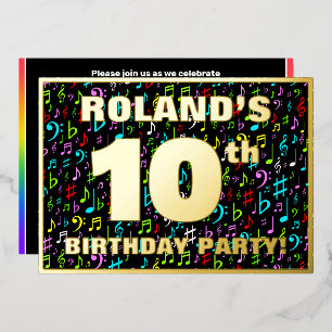 10th Birthday Party — Fun, Colorful Music Symbols Foil Invitation