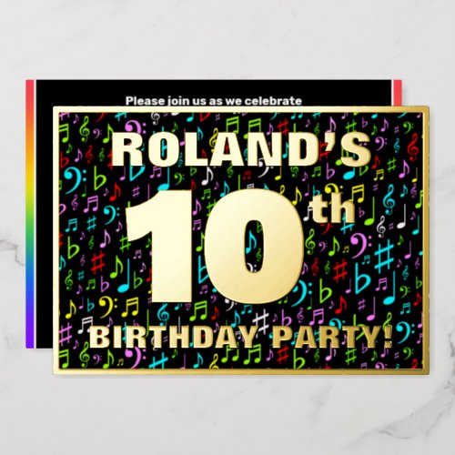 10th Birthday Party â Fun Colorful Music Symbols Foil Invitation