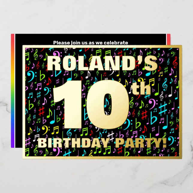 10th Birthday Party — Fun, Colorful Music Symbols Foil Invitation (Front/Back)