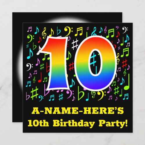 10th Birthday Party Fun Music Symbols Rainbow 10 Invitation