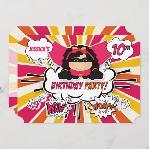 10th Birthday Party Girls Superhero Pink Comic Invitation