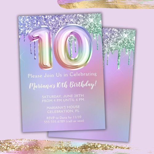 10th Birthday Party Invitation Purple Pink Glitter