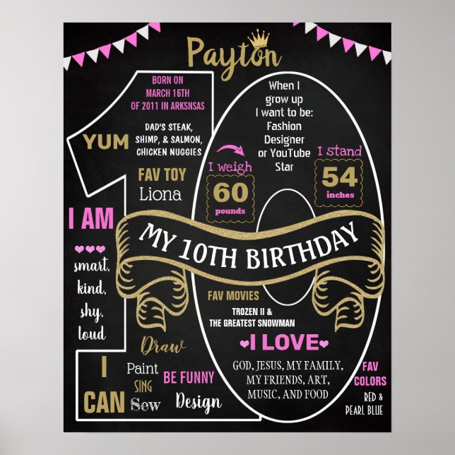 10th Birthday party milestone sign for a girl (Front)