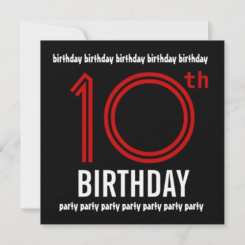 10th Birthday Party Modern Red and Black Invite