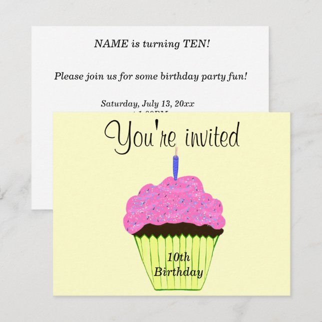 10th Birthday Party Pink Cupcake - Customize Invitation (Front/Back)
