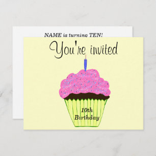 10th Birthday Party Pink Cupcake - Customize Invitation