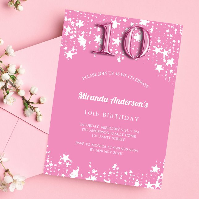 10th Birthday party pink stars girl Invitation (Creator Uploaded)