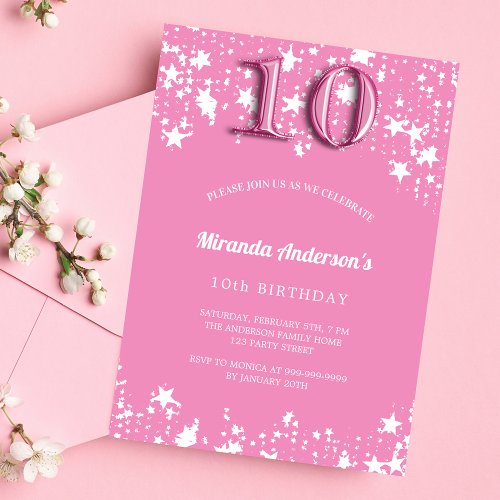 10th Birthday party pink white stars girl Invitation Postcard