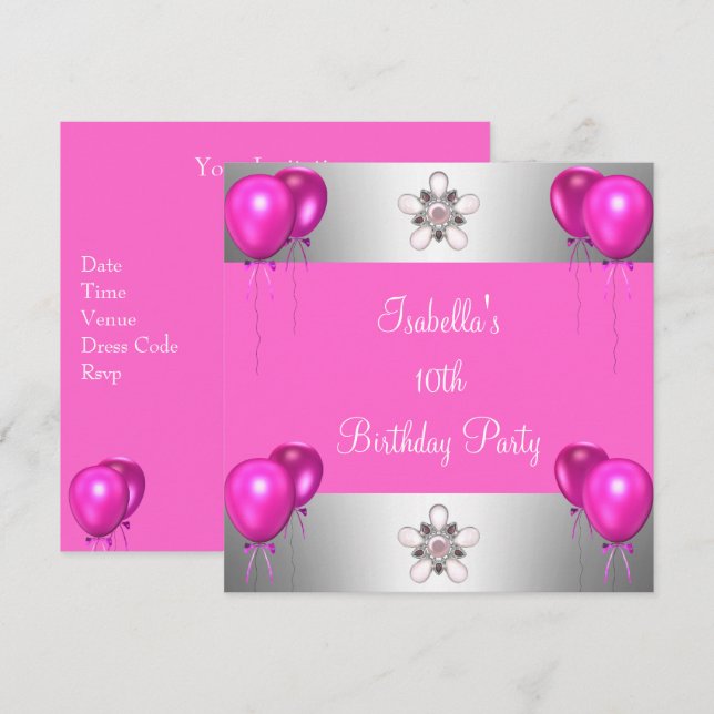 10th Birthday Party Pretty in Pink Balloons Silver Invitation (Front/Back)
