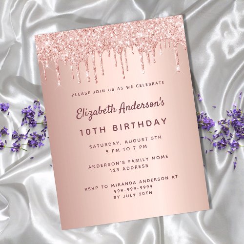 10th birthday party rose gold glitter pink postcard