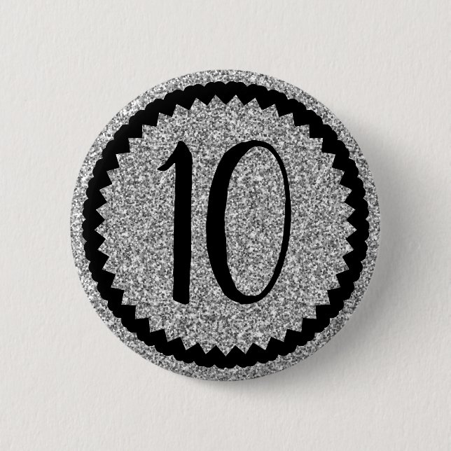 10th Birthday Party Silver Glitter Classic Button (Front)