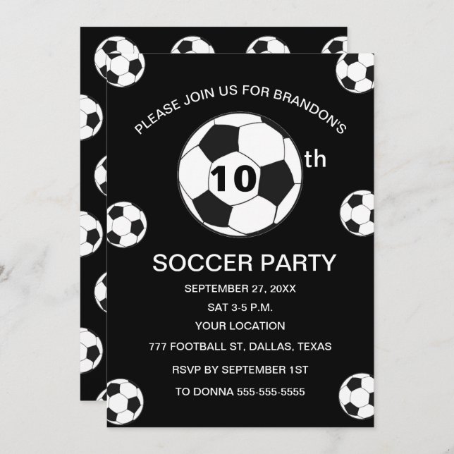 10th Birthday Party Soccer Black Boys Sports Invitation (Front/Back)