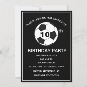 10th Birthday Party Soccer Black Boys Sports Invitation