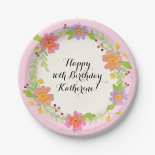 10th Birthday Party Watercolor Modern Floral Paper Plates