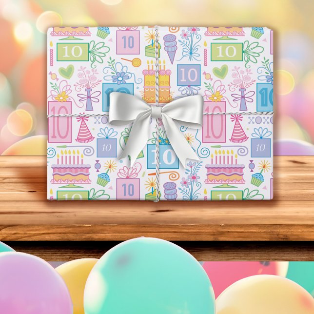 10th Birthday Pastel Pink Cake Presents Balloons Wrapping Paper Sheets (Creator Uploaded)