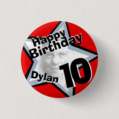10th Birthday photo Boys red grey buttonbadge Pinback Button
