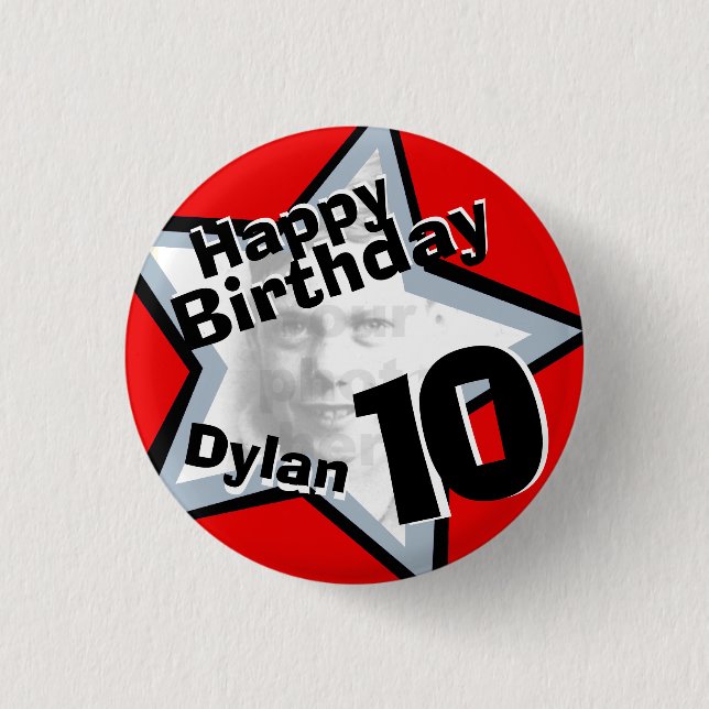 10th Birthday photo Boys red grey button/badge Pinback Button (Front)