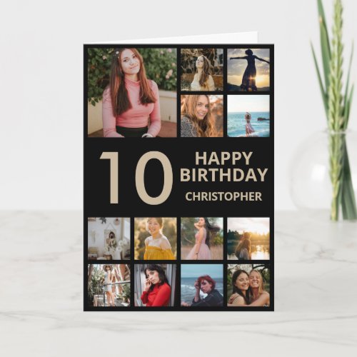 10th Birthday Photo Collage 13 Photos Black  Gold Card