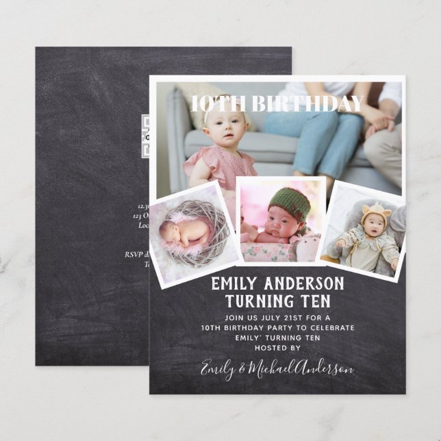 10TH Birthday Photo Collage Invite Boy Girl Mixed (Front/Back)