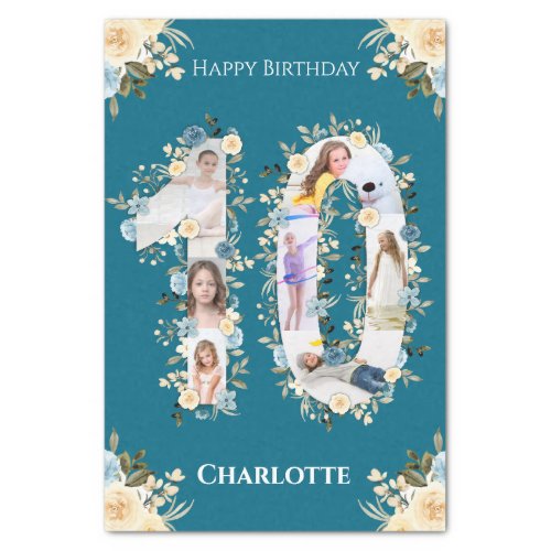 10th Birthday Photo Collage Teal Yellow Flower Tissue Paper