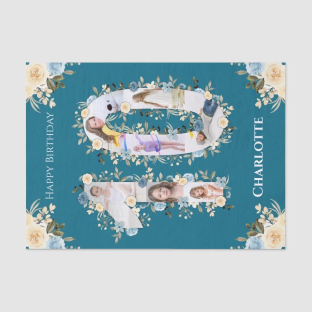 10th Birthday Photo Collage Teal Yellow Flower Tissue Paper (Front)