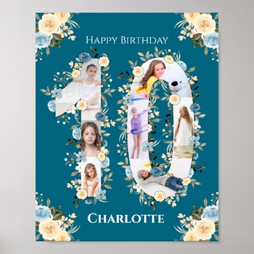 10th Birthday Photo Collage Yellow Flower Teal Poster