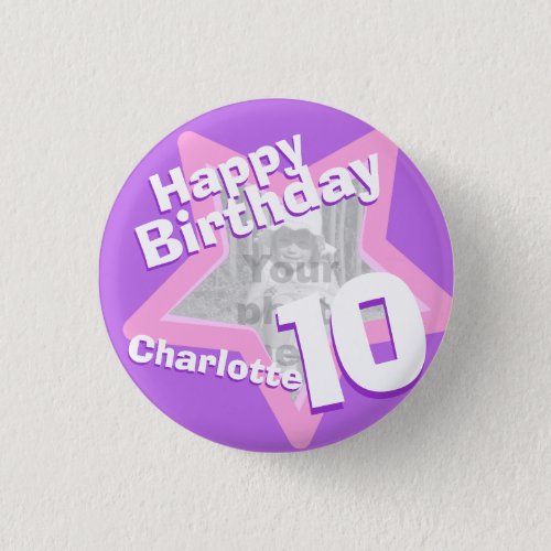 10th Birthday photo fun purple pink button badge