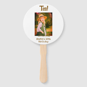 10th birthday photo name date simple brown beige b hand fan