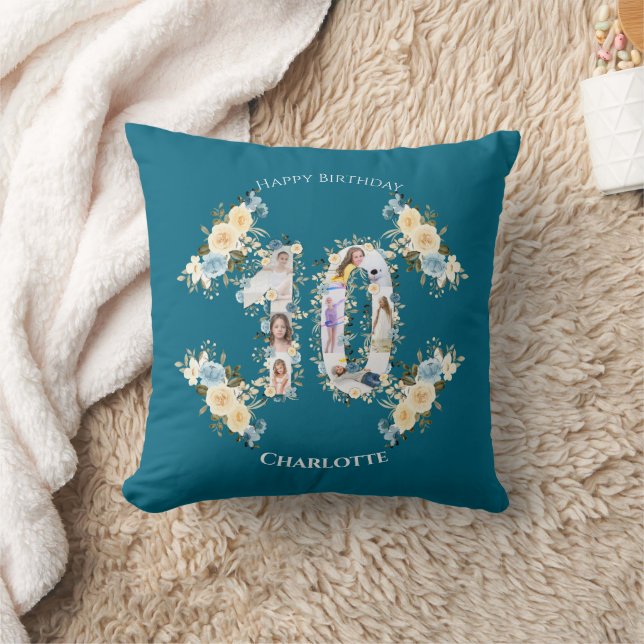 10th Birthday Photo Teal Collage Yellow Flower Throw Pillow (Blanket)