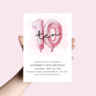 10th Birthday Pink Balloon Invitation