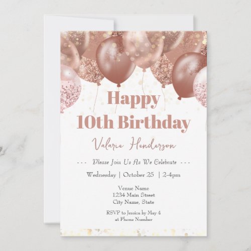 10th Birthday Pink Balloons Invitation