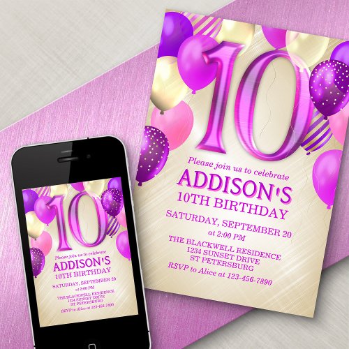 10th Birthday Pink Balloons Invitation