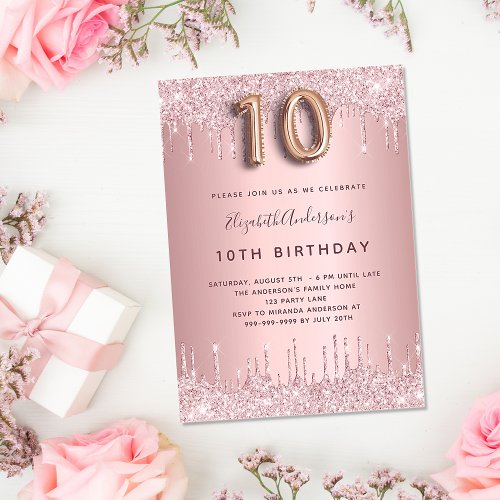 10th birthday pink dusty rose glitter drips glam invitation