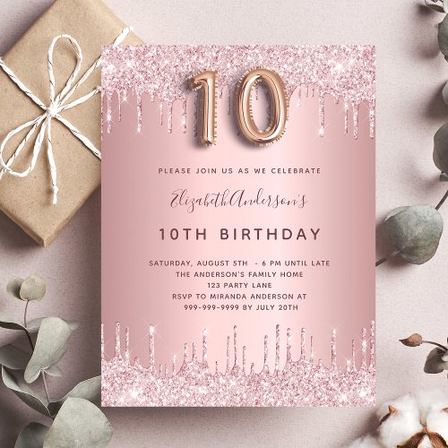 10th birthday pink dusty rose glitter drips glam invitation postcard