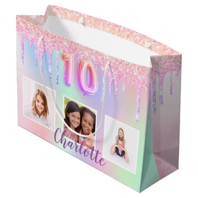 10th birthday pink purple glitter drips photo large gift bag (Back Angled)