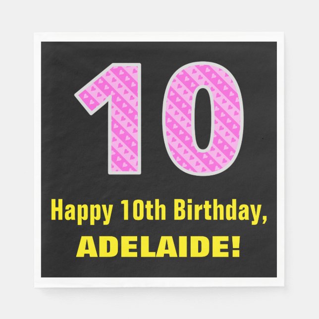 10th Birthday: Pink Stripes and Hearts "10" + Name Napkins (Front)