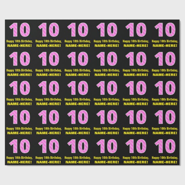 10th Birthday: Pink Stripes and Hearts "10" + Name Wrapping Paper (Flat)
