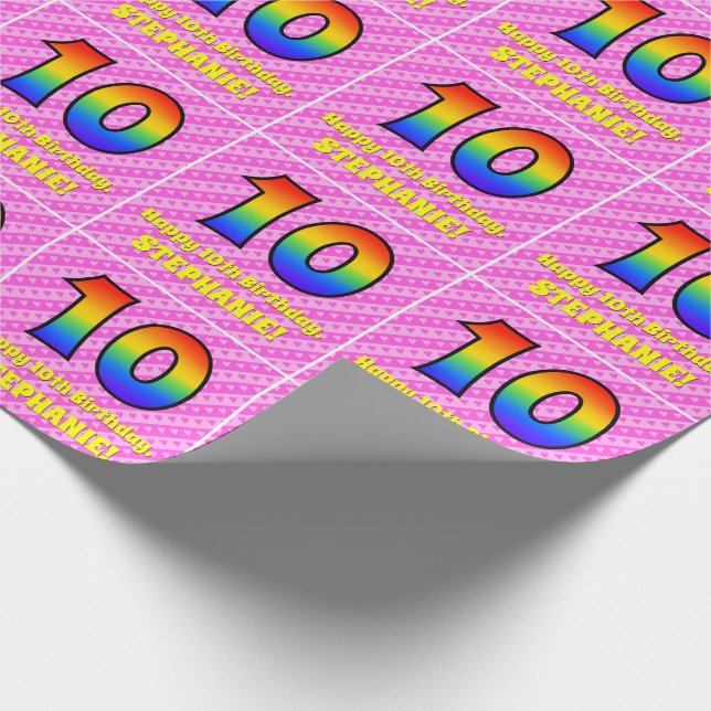 10th Birthday: Pink Stripes & Hearts, Rainbow # 10 Wrapping Paper (Corner)
