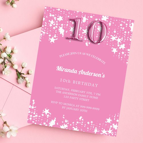 10th Birthday pink white stars budget invitation