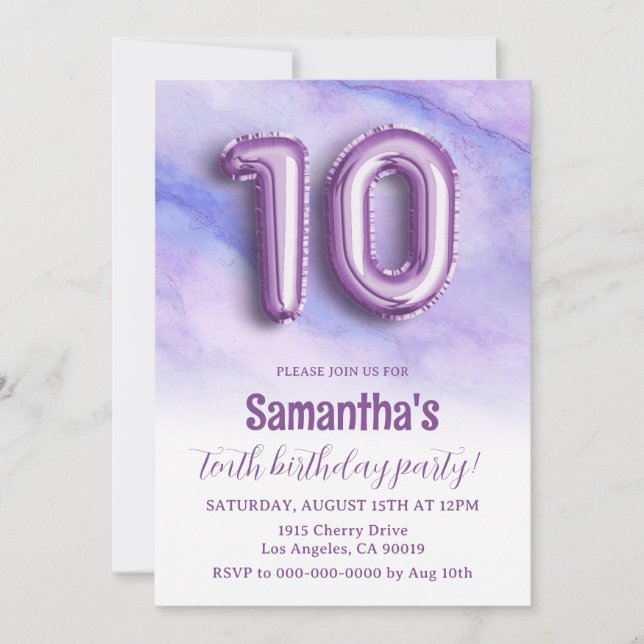10th Birthday Purple Marble Invitation (Front)